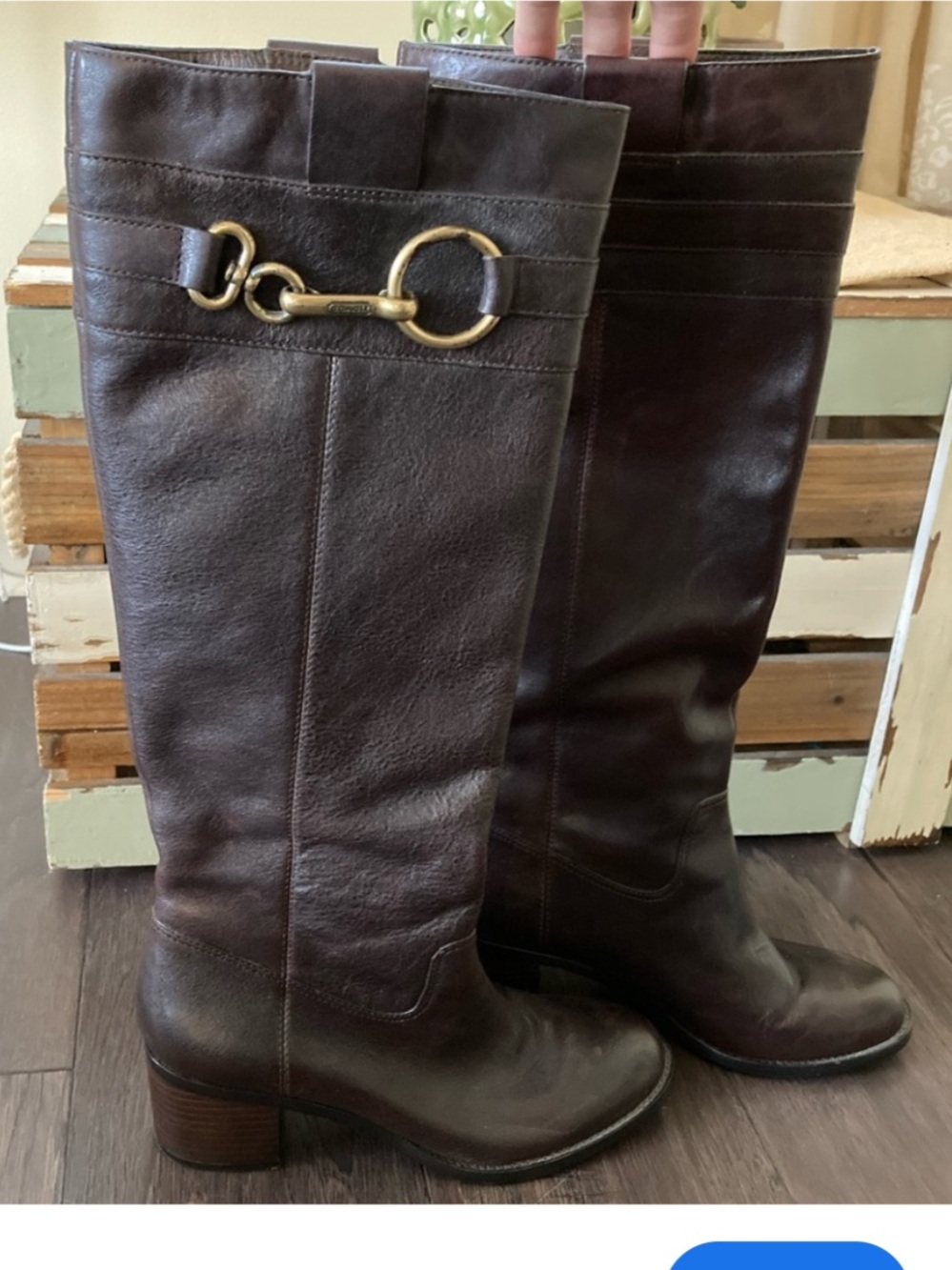 Coach 9.5 Black Leather Knee-High Boots with Silver Buckle Accent